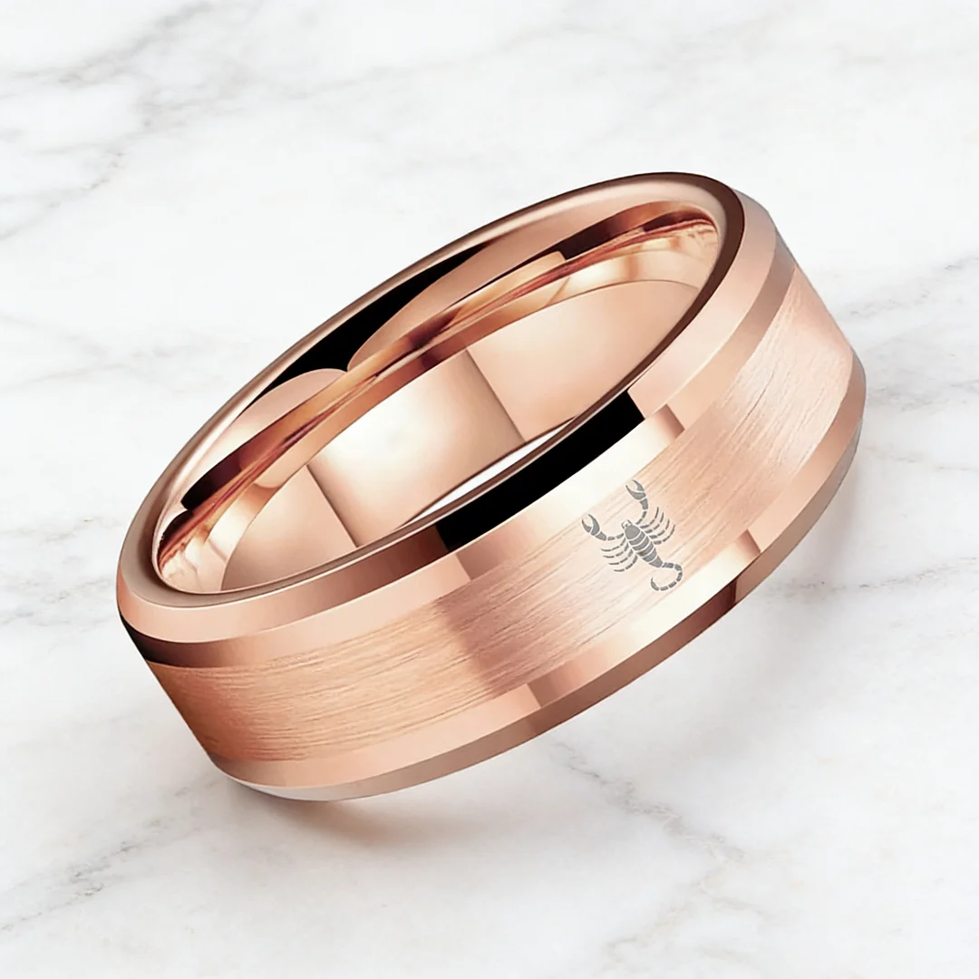 Rose Gold Scorpio Tungsten Wedding Rings Beveled Edges Rose Gold Laser Etched Couple Tungsten Carbide Ring 4MM 6MM 8MM Width