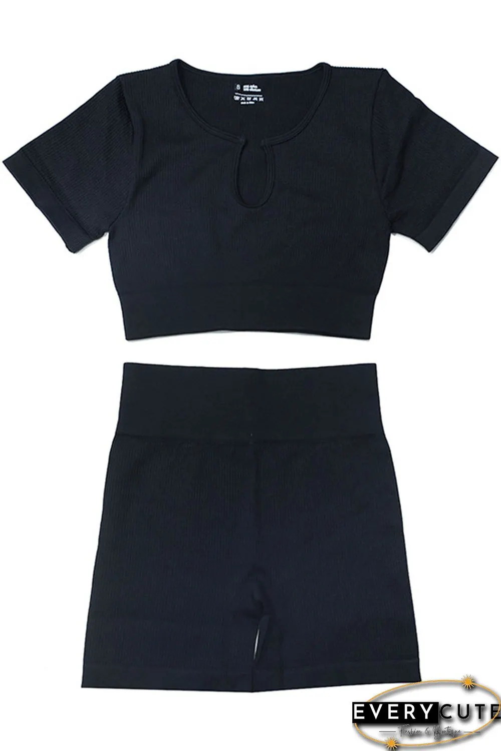 Black Ribbed Short Sleeve Cropped Active Top