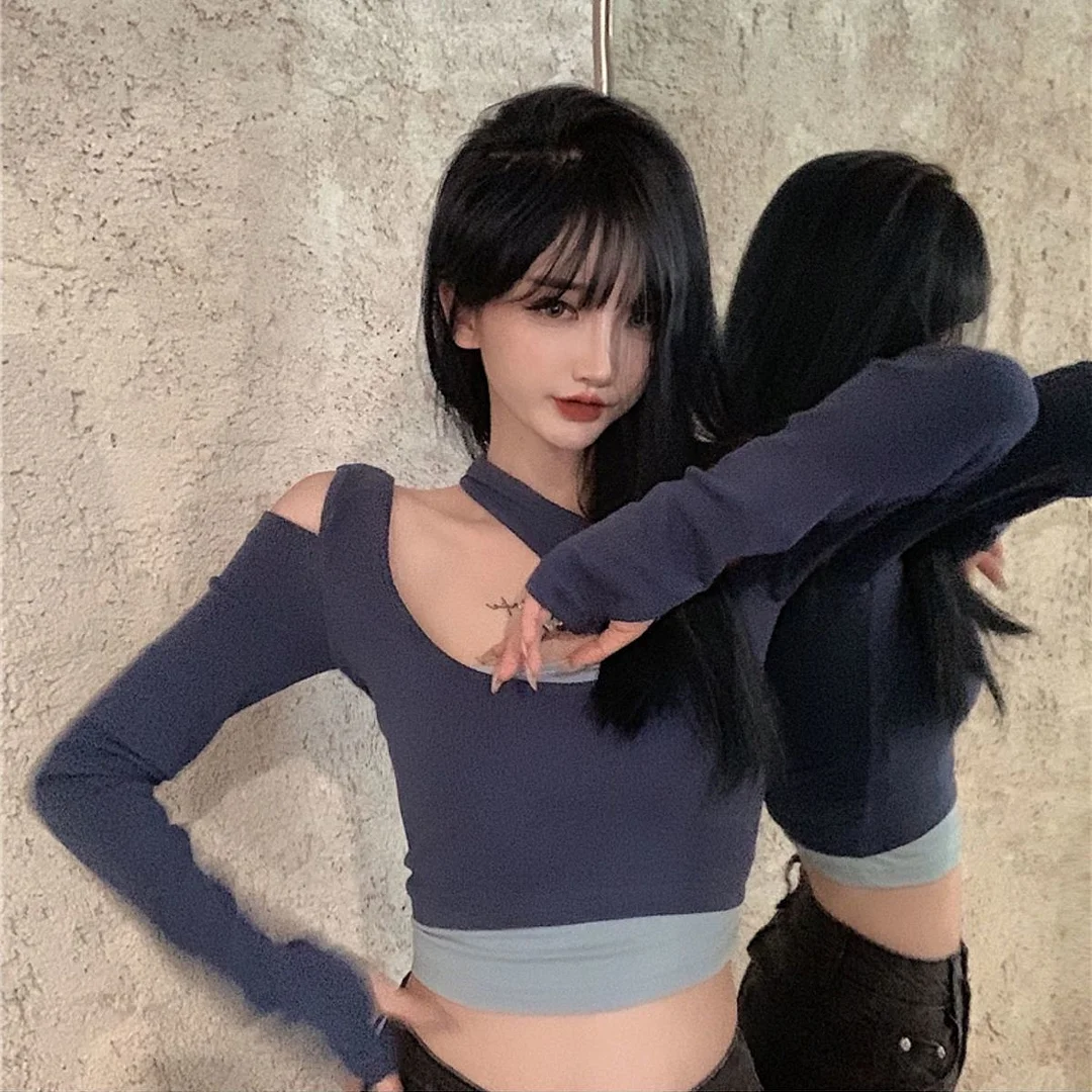 T-shirts Women Patchwork Skinny Sexy Design Long Sleeve Off Shoulder Spring Party Fashion Streetwear Hot Sale Ladies Crop Top