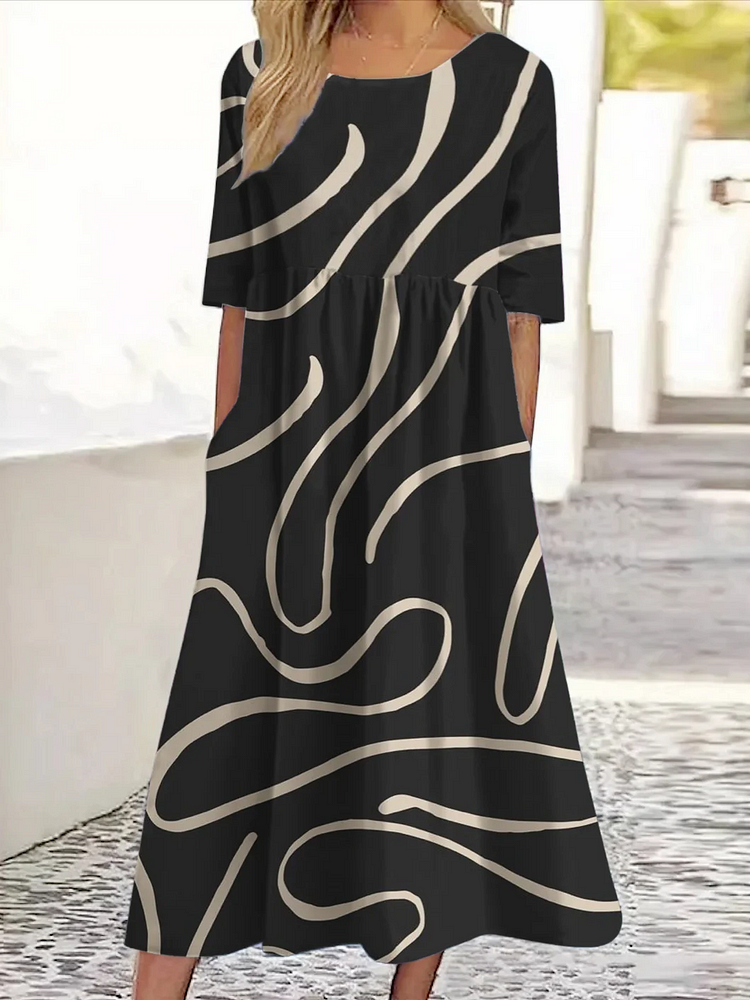 Retro Abstract Geometric Print Round Neck Pocket Midi Dress