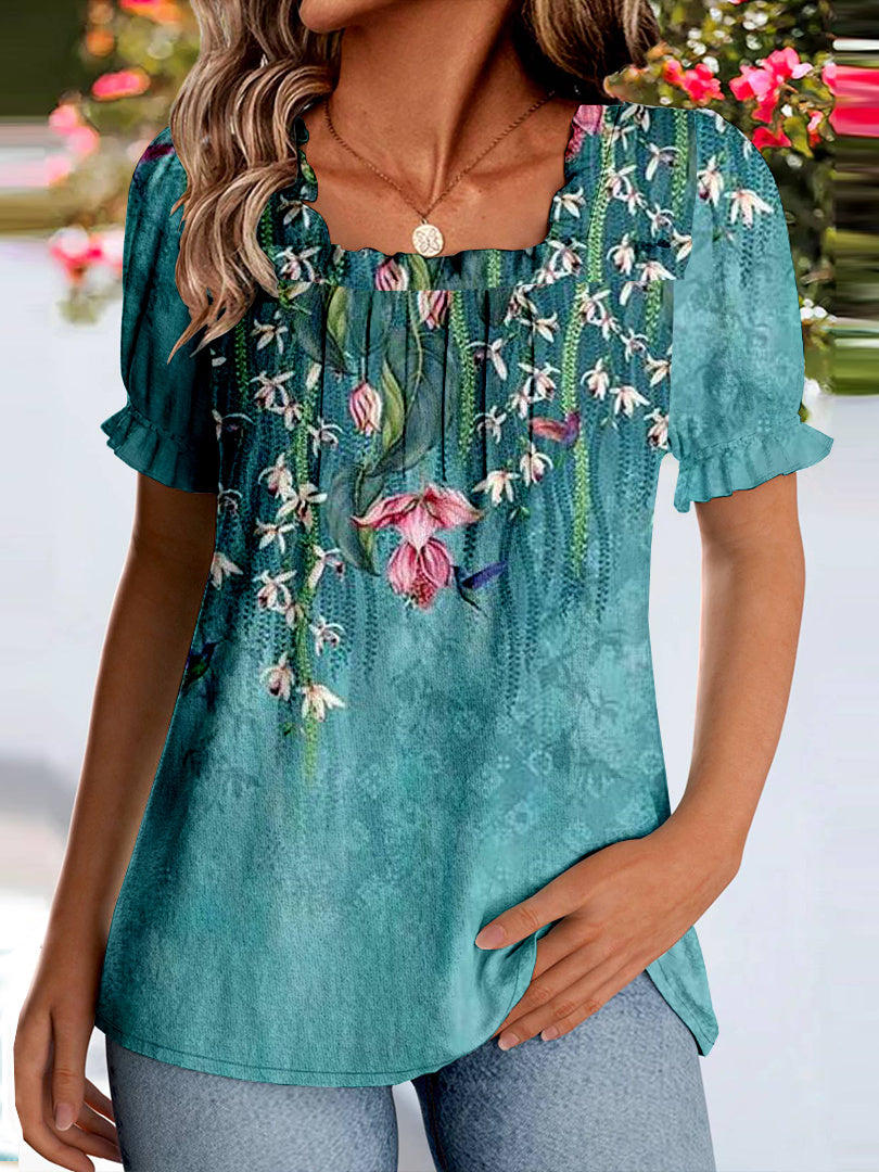 Women Long Sleeve V-neck Graphic Floral Printed Top