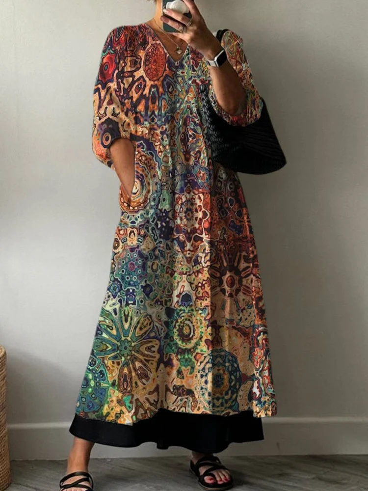 Gradient Color Strange Water Ripple Decorative Pattern Pocket V-neck Cotton Dress