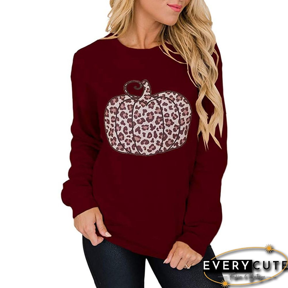 Wine Red Pumpkin Print Pullover Sweatshirt