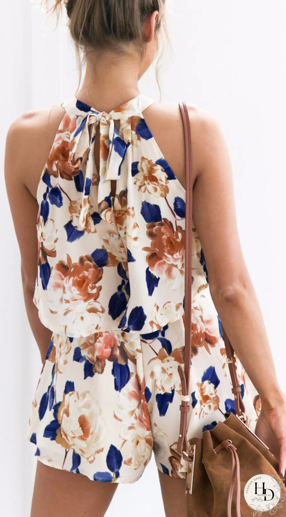 Beige Floral Crop Top and Shorts Matching Sets