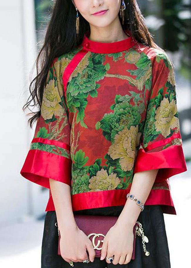 VCSHOES Red button Stand Collar print Silk tops Half Sleeve