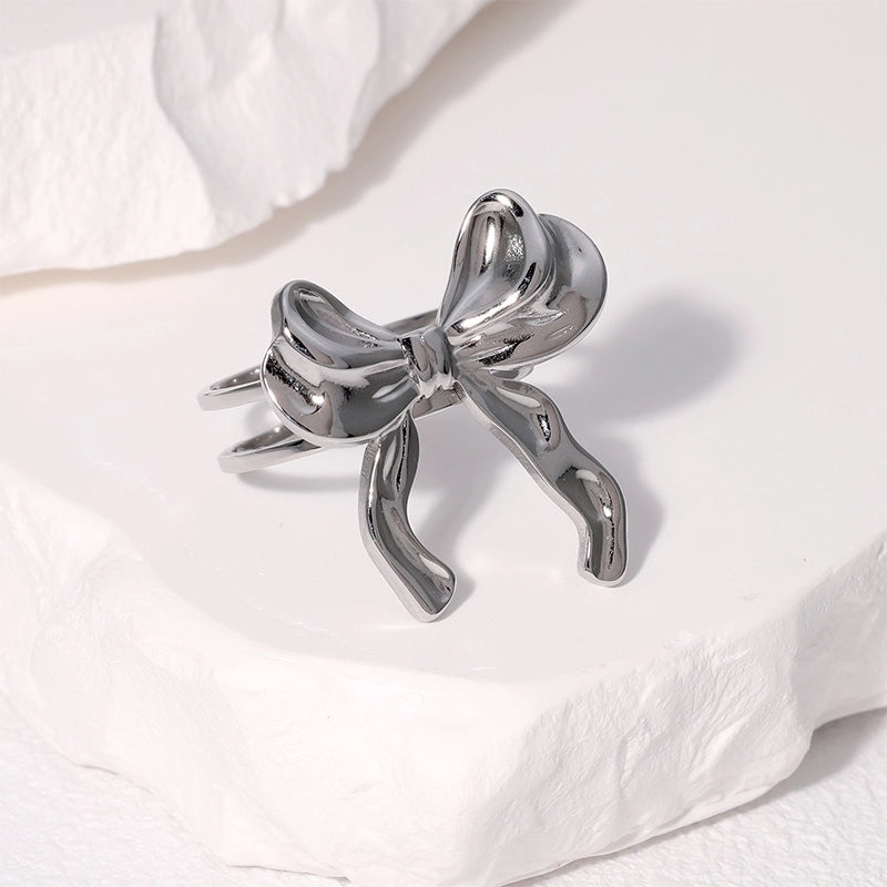 Cute Sweet Minimalist Bow Knot 304 Stainless Steel 18K Gold Plated Open Rings