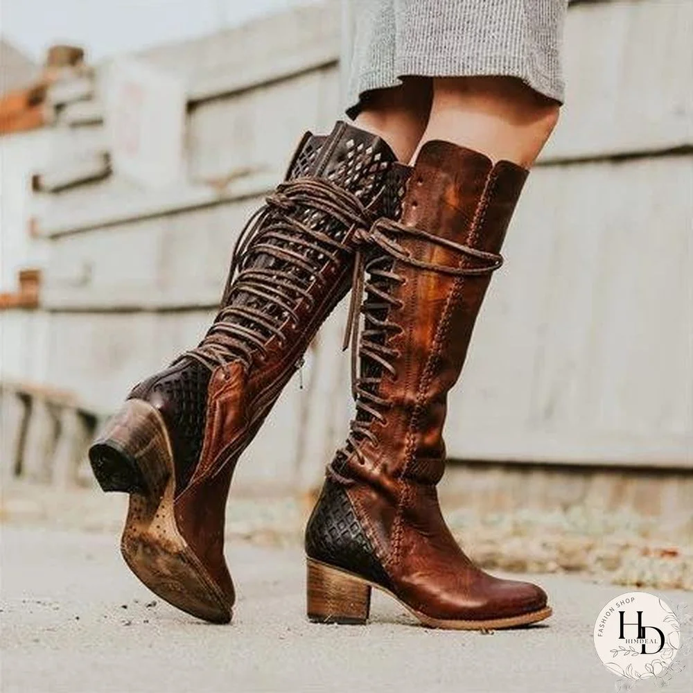 Vintage Lace-up Hollow-Out Boots Chunky Heel Color Block Boots