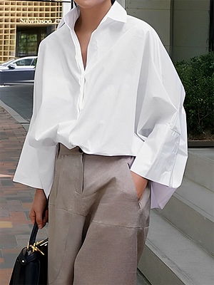 Image of Long Sleeves Loose Solid Color Lapel Collar Blouses&Shirts Tops