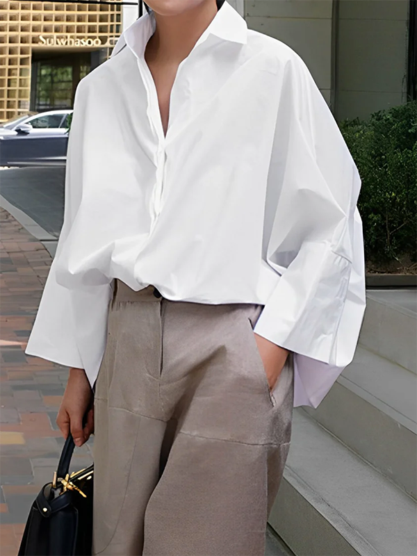 Long Sleeves Roomy Pure Color Lapel Collar Blouses&Shirts Tops