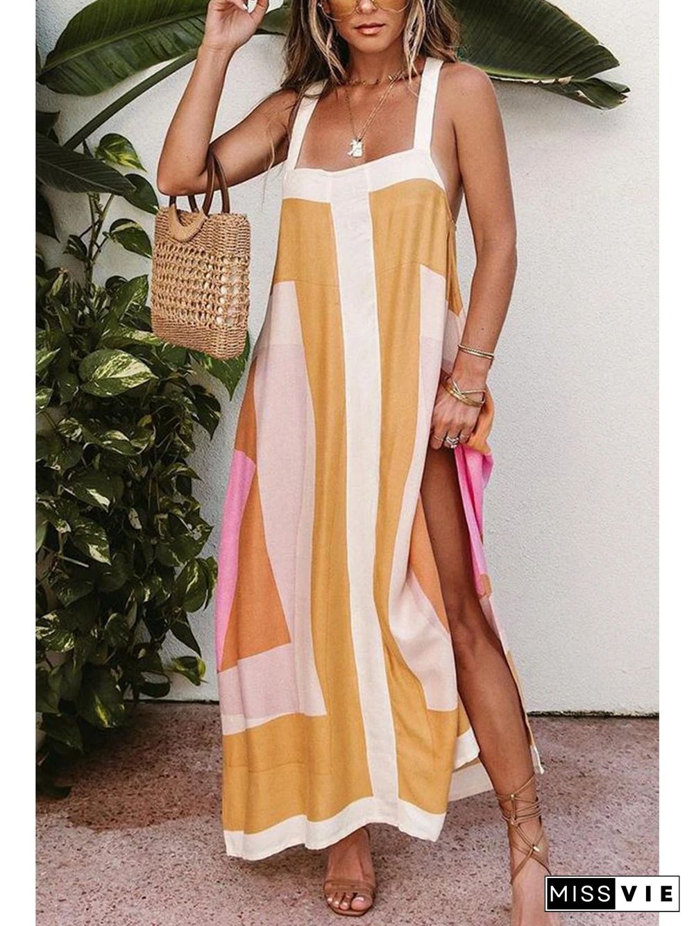 Color Block Stitching Holiday Maxi Dress P10901