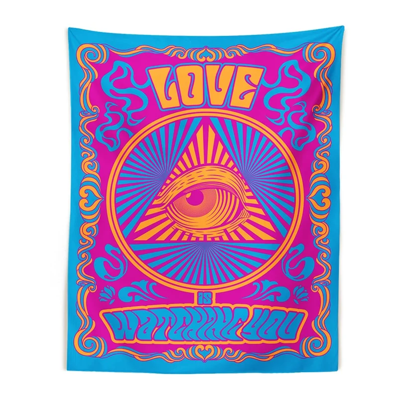Vintage music poster Tapestry Wall Hanging stylized 60s 70s psychedelic background peace symbol eye floral Home Decor Wall Decor