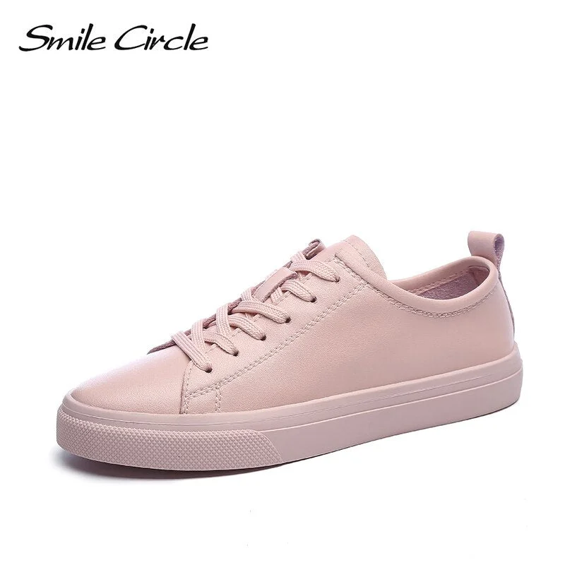 Smile Circle Women Sneakers Flat Platform shoes white Casual Genuine Leather Soft bottom shoes student