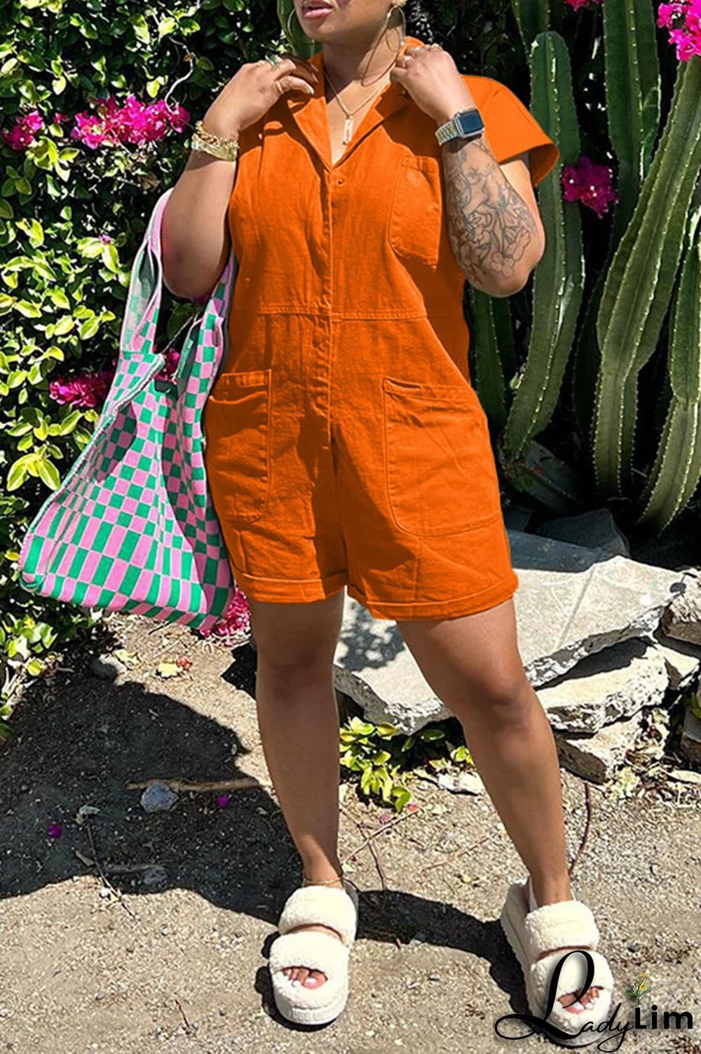 Pink Fashion Casual Solid Patchwork Turndown Collar Regular Romper