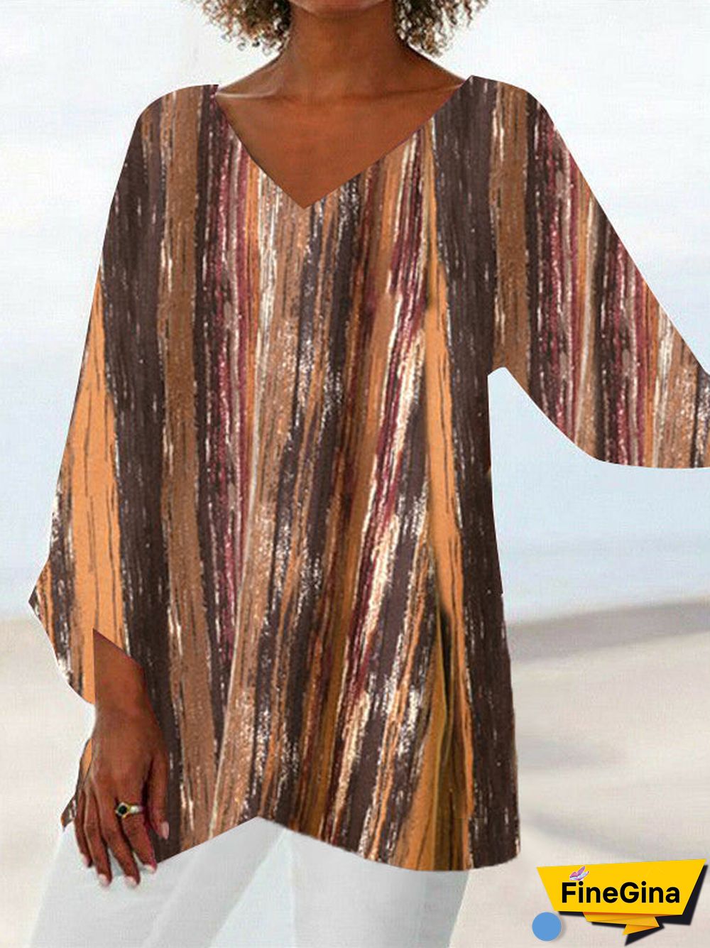 Women Asymmetrical Long Sleeve V-neck Striped Gradient Top Dress