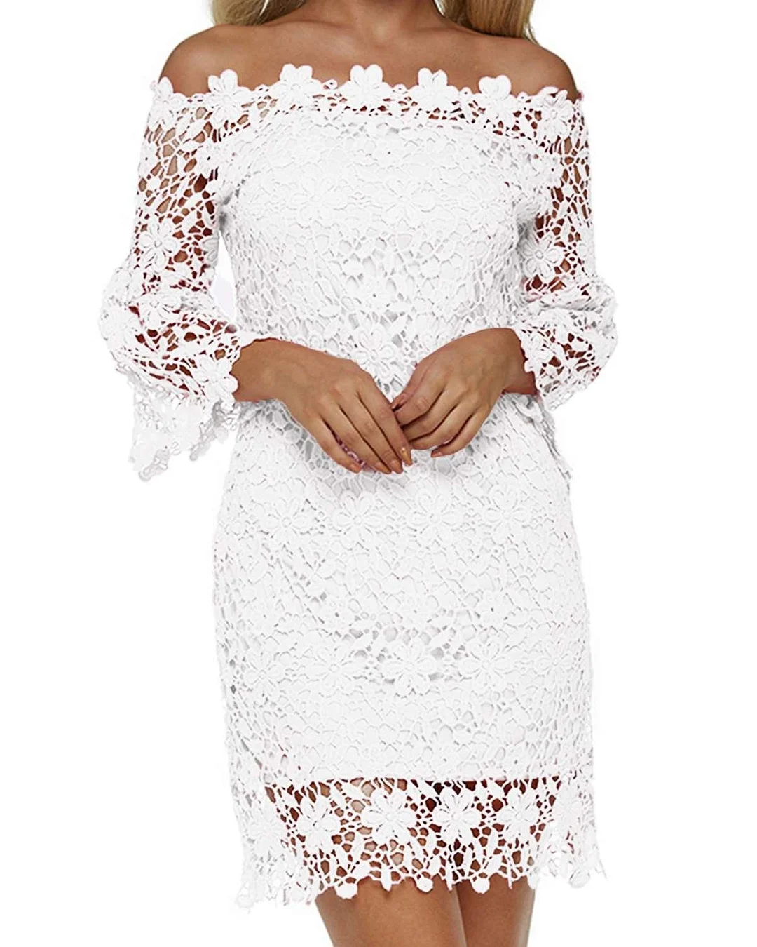 ZANZEA Women Elegant Lace Mini Dress Sexy Off Shoulder Flare Sleeve Solid Party Dresses 2022 Spring Hollow Strapless Vestidos