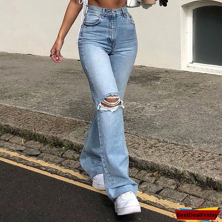 Ladies New Fashion Jeans Wide Leg Pants Ripped Casual Pants Denim Flared Pants
