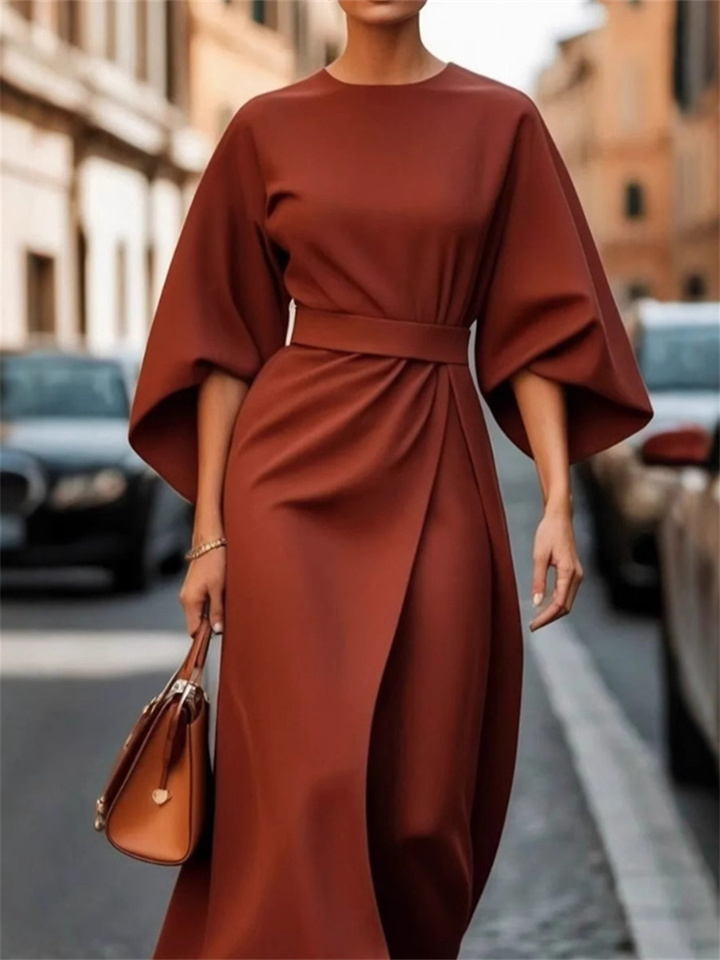 Women's Fashion Temperament Solid Color Waisted Dresses Casual Bat Sleeve Long Dress