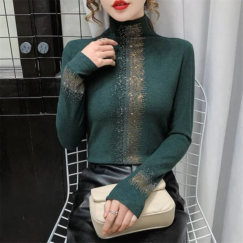 Hot Drilling T-shirt Women's Tees Half High Collar Bottom Top Thin Derong Jumpper Top Basice Shiny Diamond Trend Feminine Tshirt