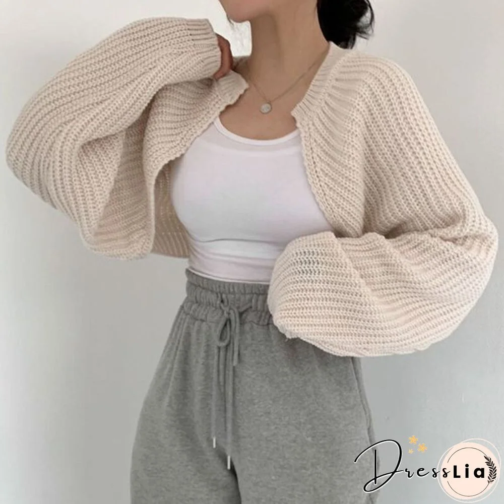 Korean Fashion Women Loose Short Knitted Cardigan Sweater Fall Harajuku Lantern Sleeve Y2k Clothes Female Vintage Crop Top