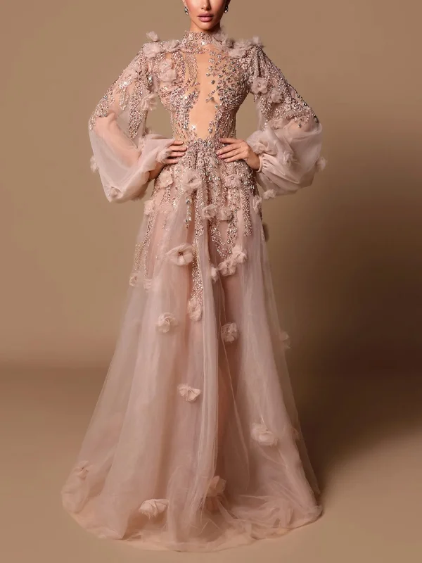 Small Turtleneck Mesh Solid Color Sequined Long Sleeves Maxi Dress