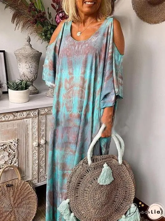 Women's Dresses Loose Tie-Dye Printed Off-The-Shoulder Long Sleeve Dress