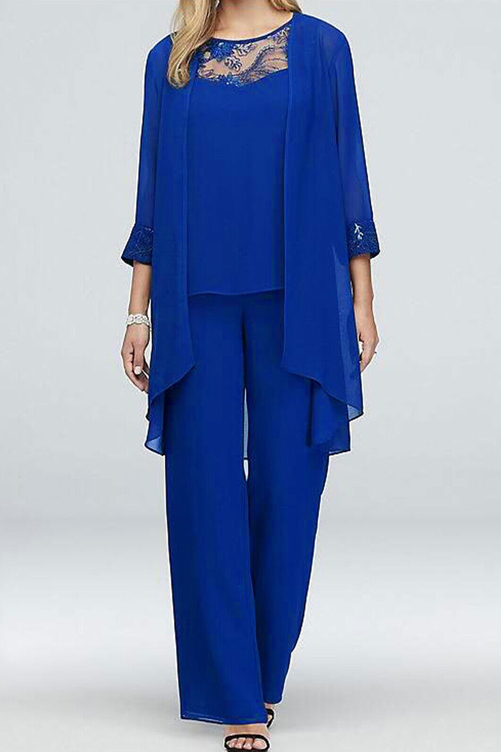 Plus Size Mother Of The Bride Royal Blue Chiffon Lace 3/4 Sleeve Three Piece Pant Suit