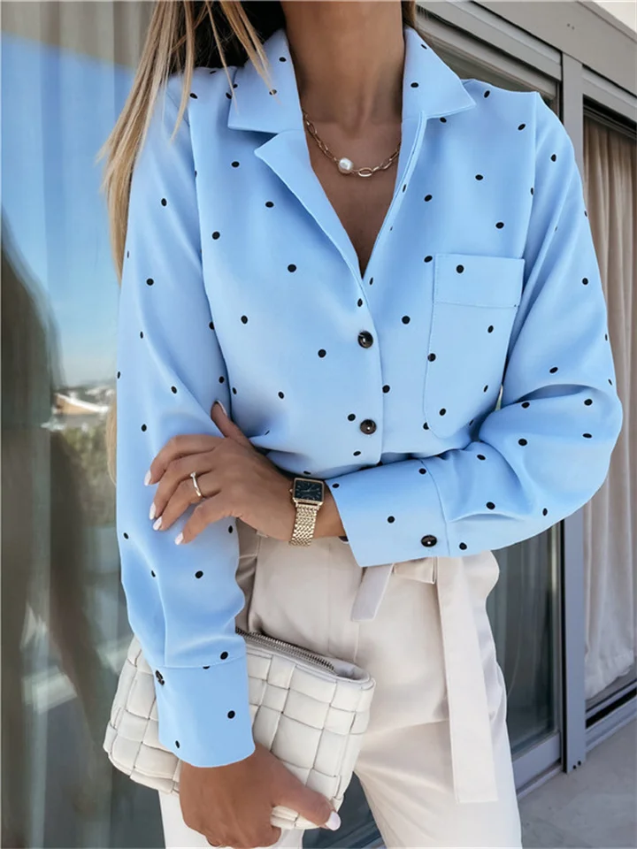 Spring and Autumn Slim Type Button Polka Dot Long Sleeve Single Breasted Pocket Lapel Shirt Blouse Women's