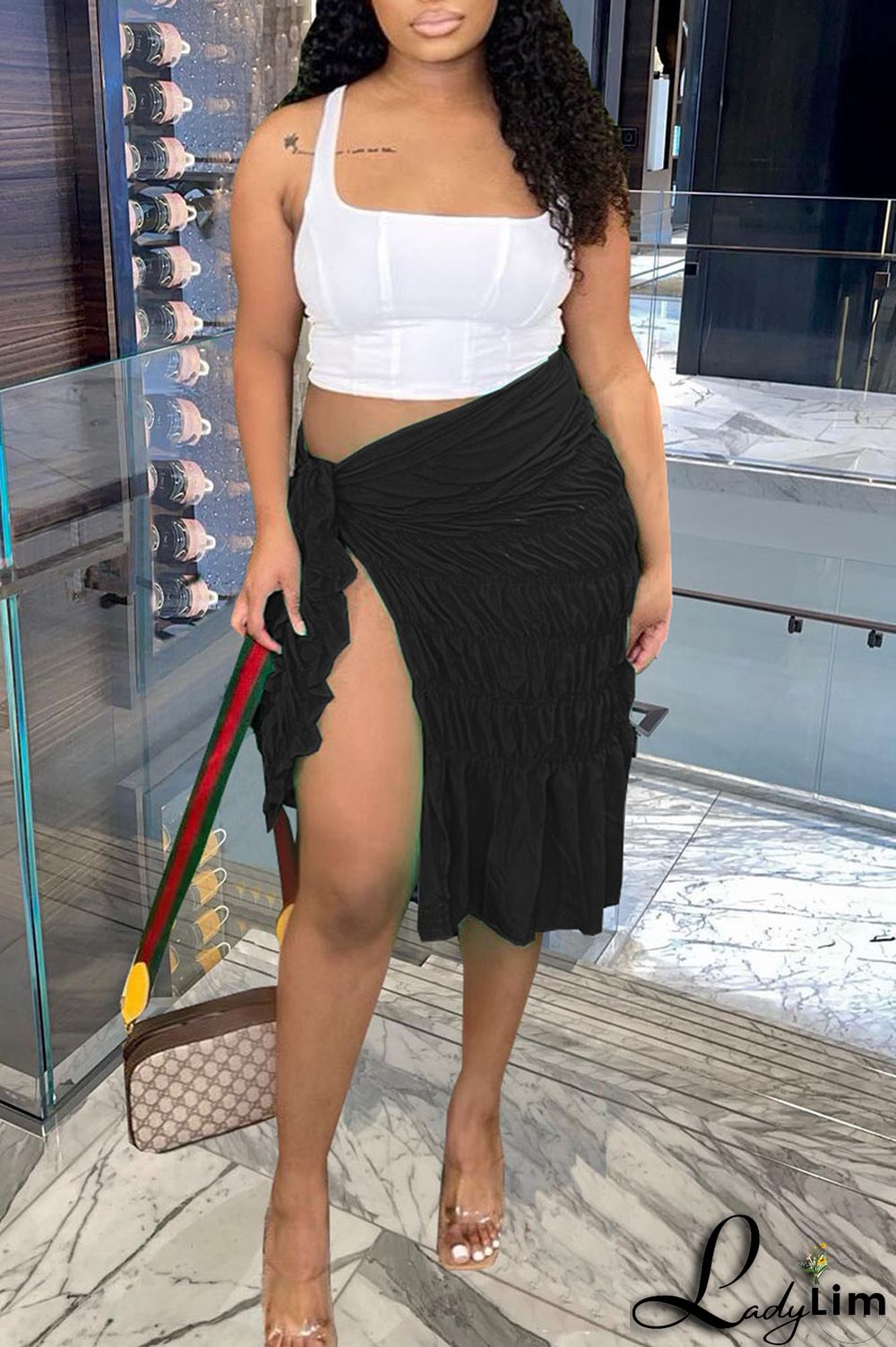 Lake Blue Sexy Solid Bandage Split Joint Slit Fold Straight Mid Waist Straight Solid Color Bottoms