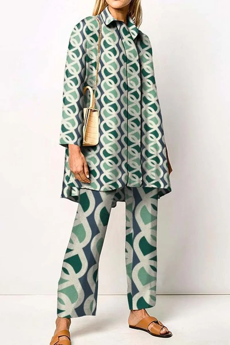 Casual Print Patchwork Shirt Collar Long Sleeve Two Pieces main image 1