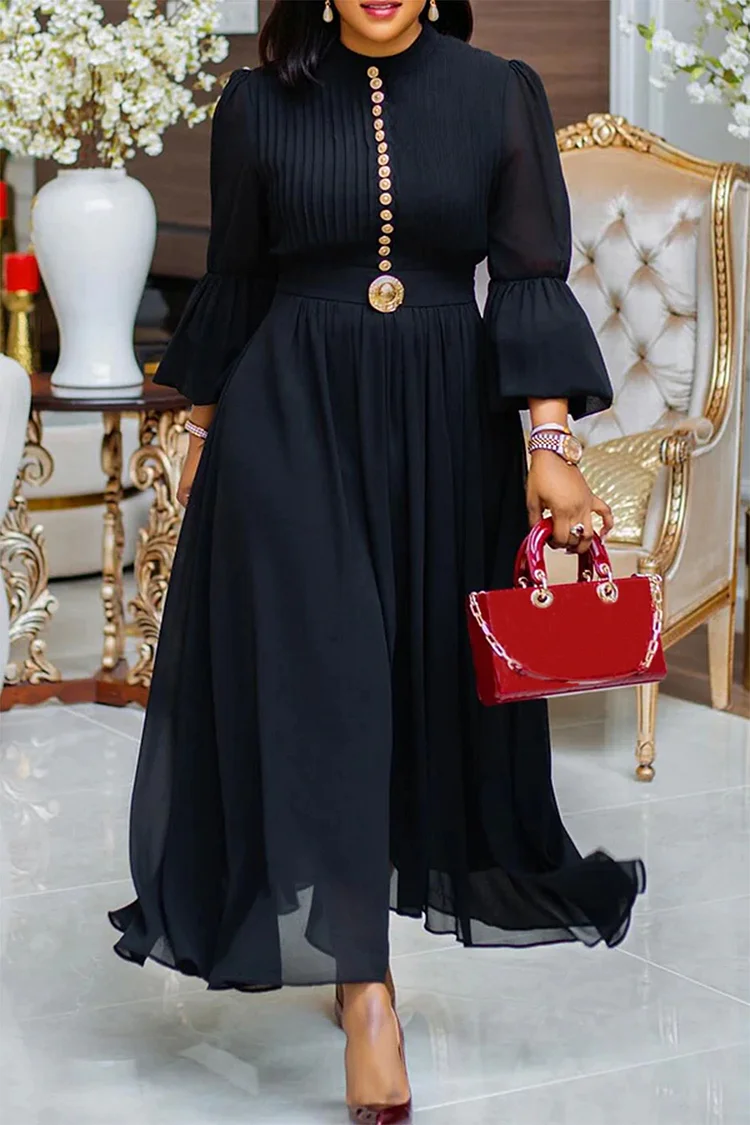 Plus Size Business Casual Black Round Neck Flare Long Sleeve Button Elegant Chiffon Maxi Dresses [Pre-Order] 2024 - Xpluswear