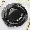 10 Pack | 8" Round Plastic Dessert Salad Plates In Vintage Black, Silver Leaf Embossed Baroque Disposable Plates