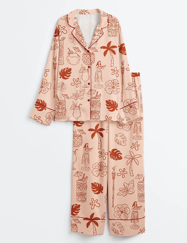 Women&rsquo;s Hand Drawn Tiki And Tropical Drinks Luau Party Print Long Sleeve Satin Pajama Set