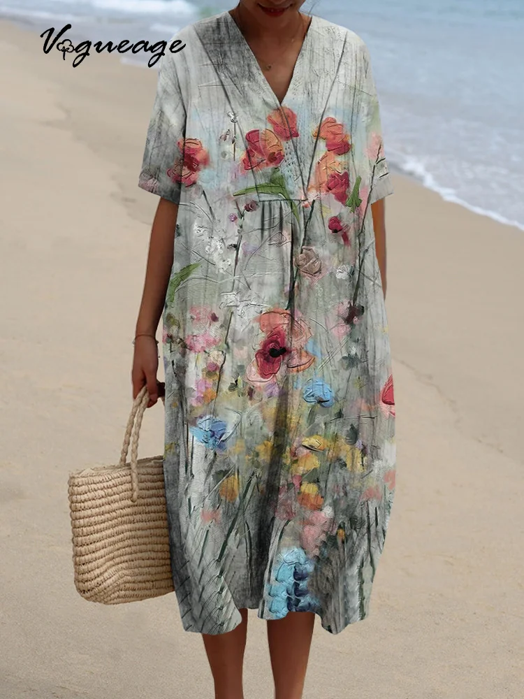 Simple And Elegant Flowers Printed Women's Casual Cotton And Linen Dress