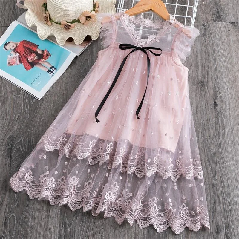 Kids Dresses For Girls Floral Lace Princess Dress Sleeveless Birthday Xmas Clothes Mesh Tutu Dress Girls 3-8Yrs Casual Clothing