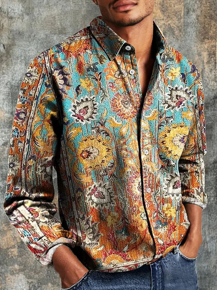 Men's Vintage Ethnic Floral Art Print Long Sleeve Pocket Shirt