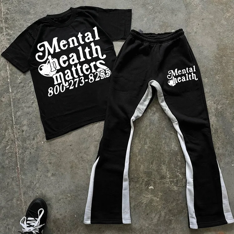 Personalized Mental Health Matters Short Sleeved T-Shirt + Flared Pants Two Piece Set