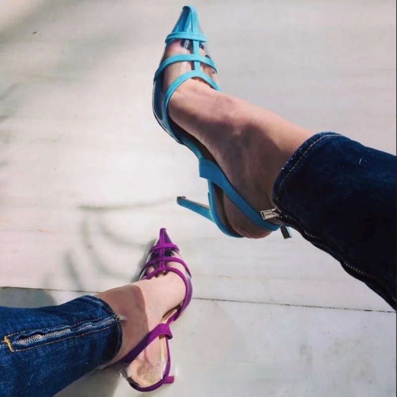 2021 European and American Pointed Low-Cut High Heels Transparent Cutout Middle Heel Fine Heel Pumps  Woman Sandals