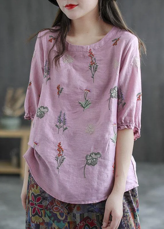 Plus Size Pink Embroideried O-Neck Half Sleeve Ramie Blouses Summer