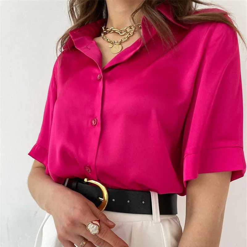 Back to school  Women 2022 Elegant Satin Solid Long Sleeve Blouses Female Chic Vintage Blue Green Casual Loose Buttons Shirts Oversize Top Tunic