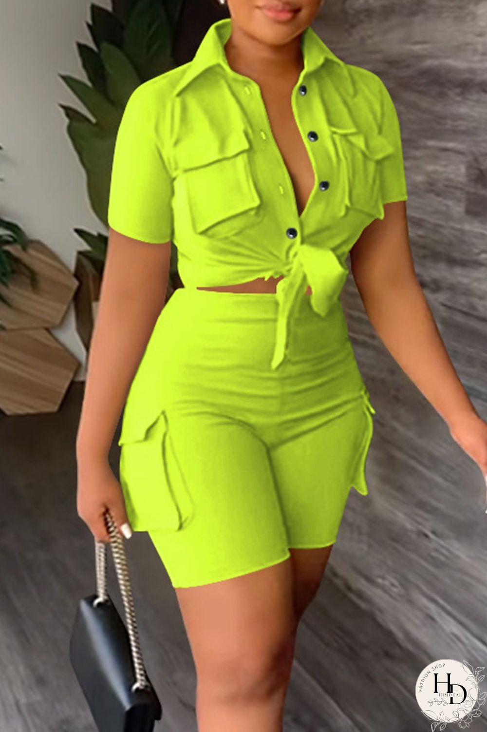 Khaki Casual Solid Bandage Patchwork Pocket Buckle Turndown Collar Short Sleeve Two Pieces