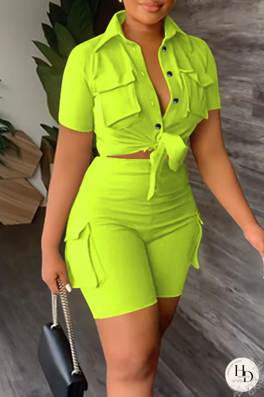 Khaki Casual Solid Bandage Patchwork Pocket Buckle Turndown Collar Short Sleeve Two Pieces