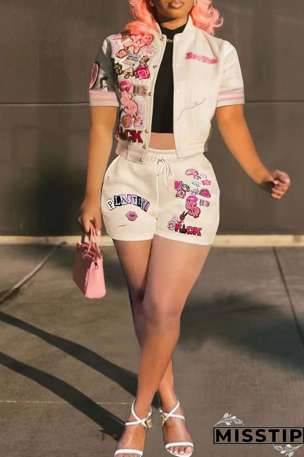 Cream White Casual Street Print Patchwork Buckle Short Sleeve Two Pieces