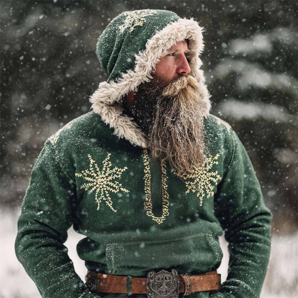 Vintage Christmas Snowflake Embroidered Men's Hooded Icelandic Sweater elevenforest