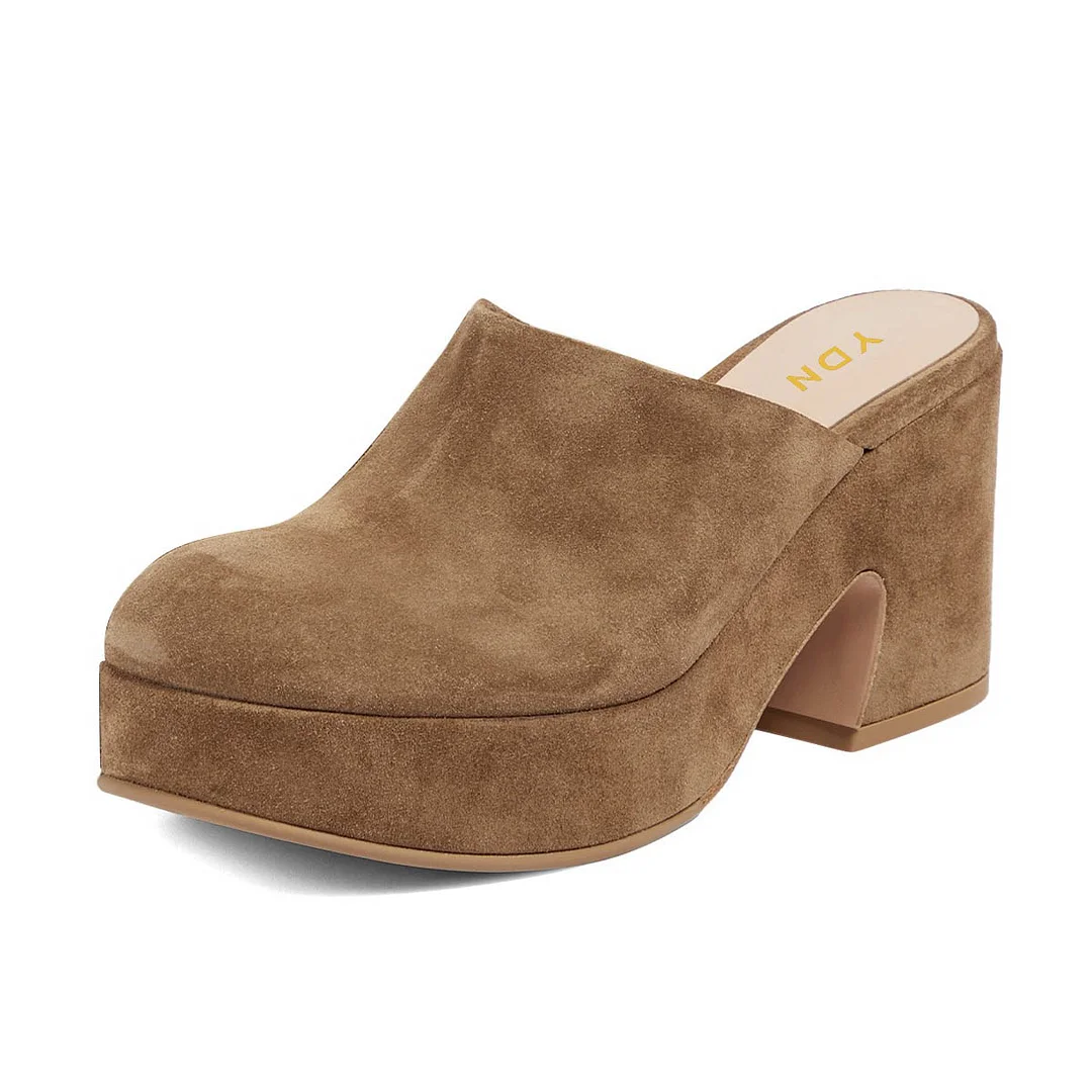 Chic Vegan Suede Round Toe Chunky Heel Platform Mules in Brown