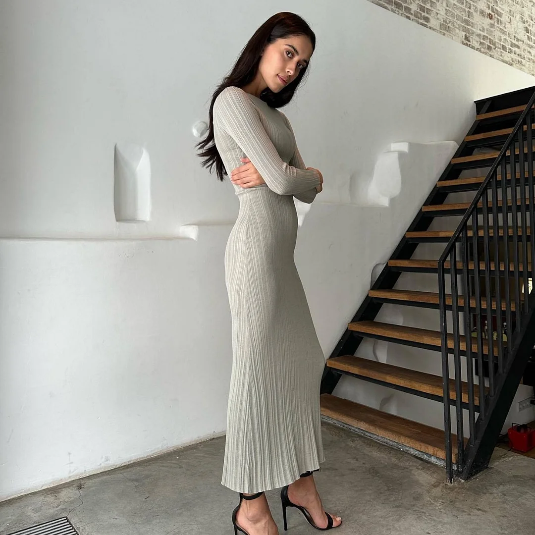 Uveng Uveng Sexy Elegant Dress Solid Color Long Sleeve Round Neck Wrap Hip Long Skirt Women's Fashion
