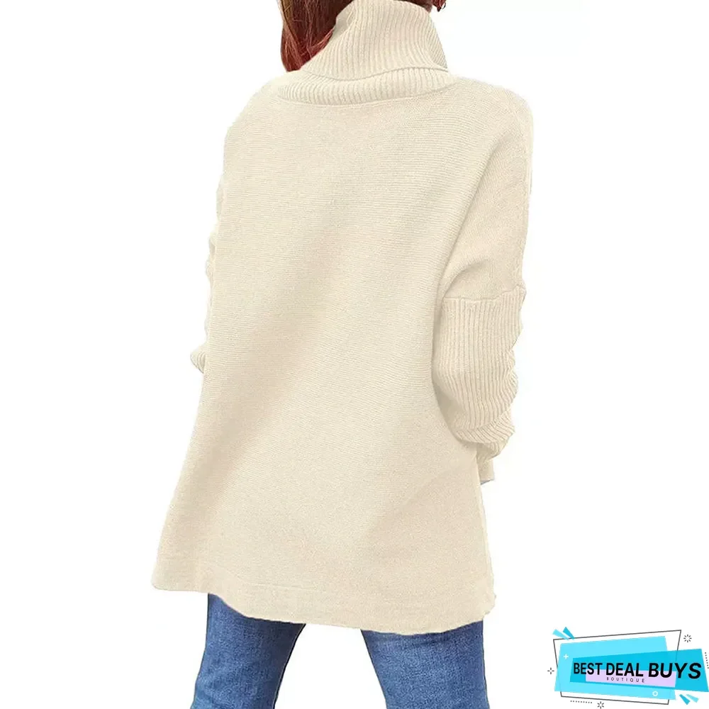 High Neck Bat Wing Sleeve Split Hem Waistband Pullover Sweater