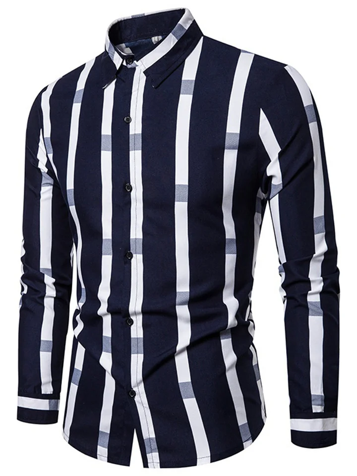 Men's Shirts Men's Long-sleeved Striped Shirt Lapel Loose Casual Shirt-Cosfine