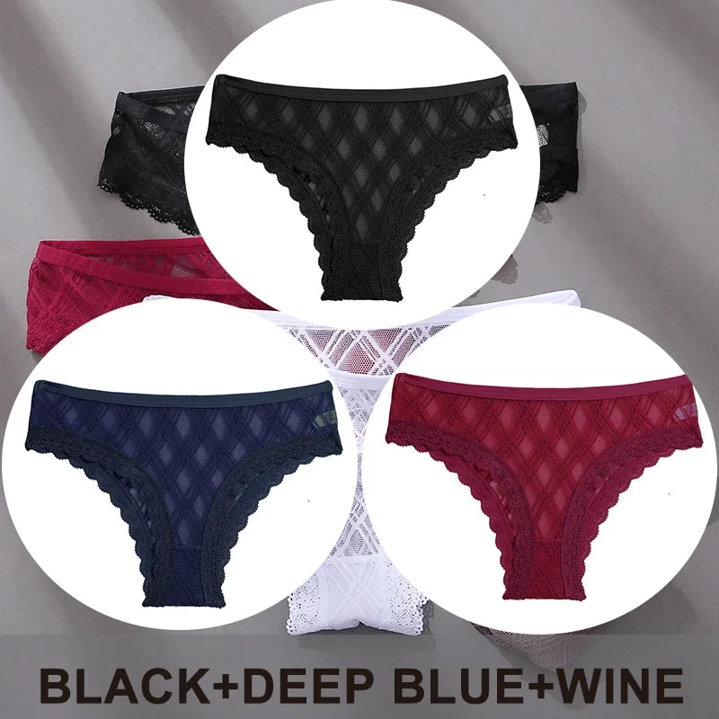 FINETOO 3PCS/Set Women's Panties Sexy Lace Lingerie Temptation Underwear Briefs Pespective Woman Thongs Mesh Underpants Female