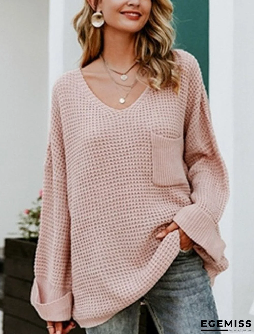 Casual Soft Pocket V-neck Long Sleeve Pullover | EGEMISS