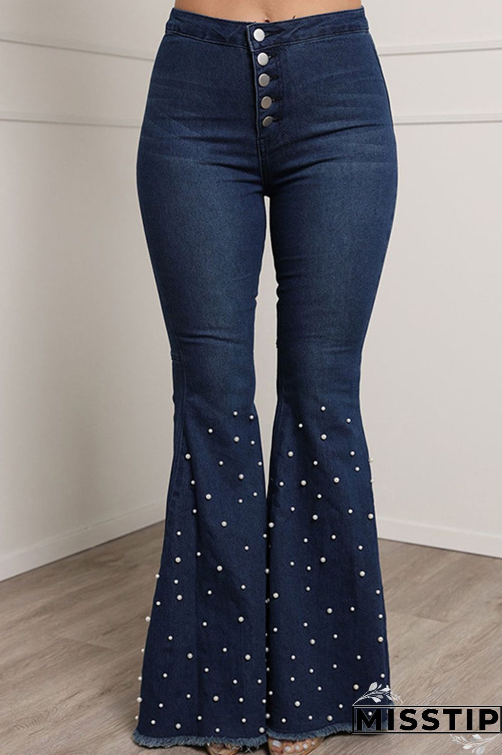 Blue Casual Street Solid Patchwork Beading High Waist Boot Cut Denim Jeans